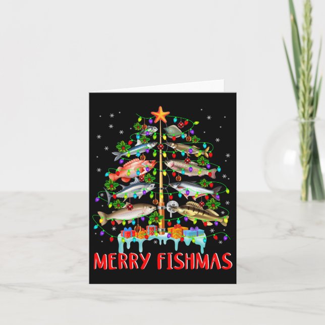 Merry Fishmas Funny Julgran Ljus Fish Fis Fis Kort (Framsida)