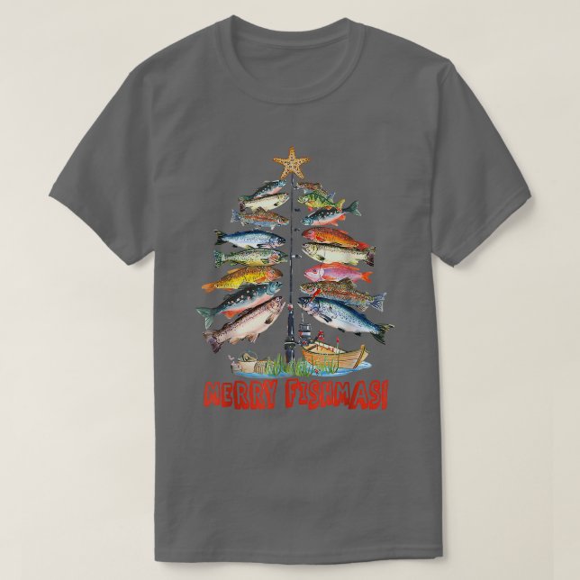 Merry Fishmas Funny Julgran Ljus Fish Fis Fis T Shirt (Design framsida)