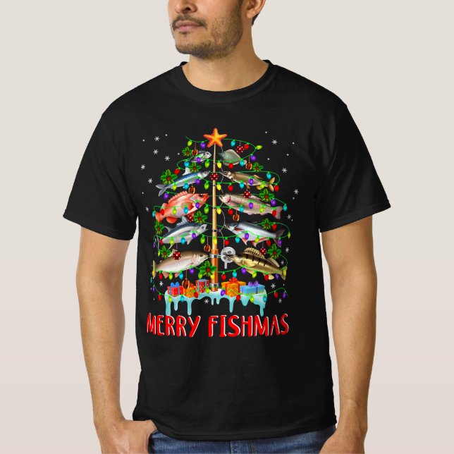 Merry Fishmas Funny Julgran Ljus Fish T Shirt (Framsida)