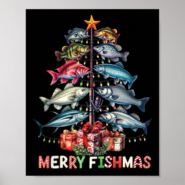 Merry Fishmas Funny Julgran Ljus Fishing Poster (Framsidan)