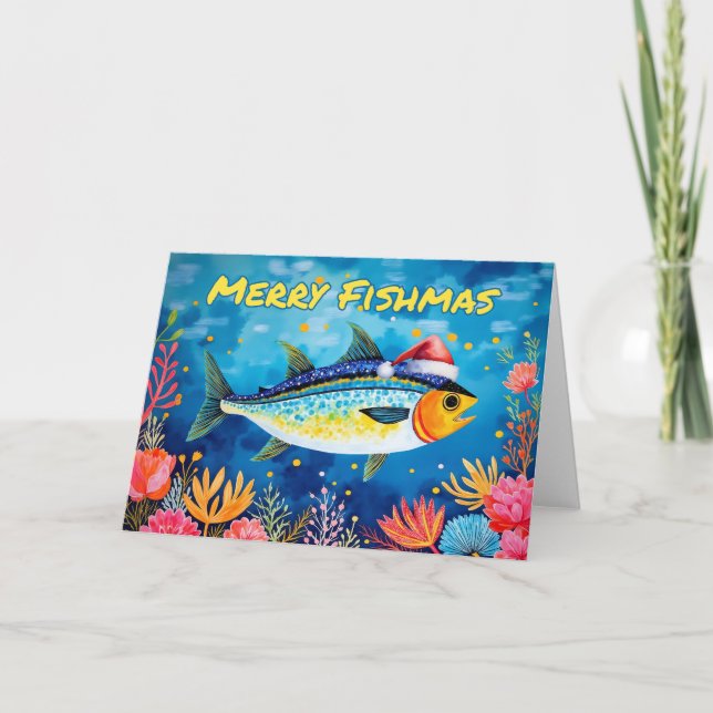 Merry Fishmas jul - fiskvattenfärg Kort (Framsida)