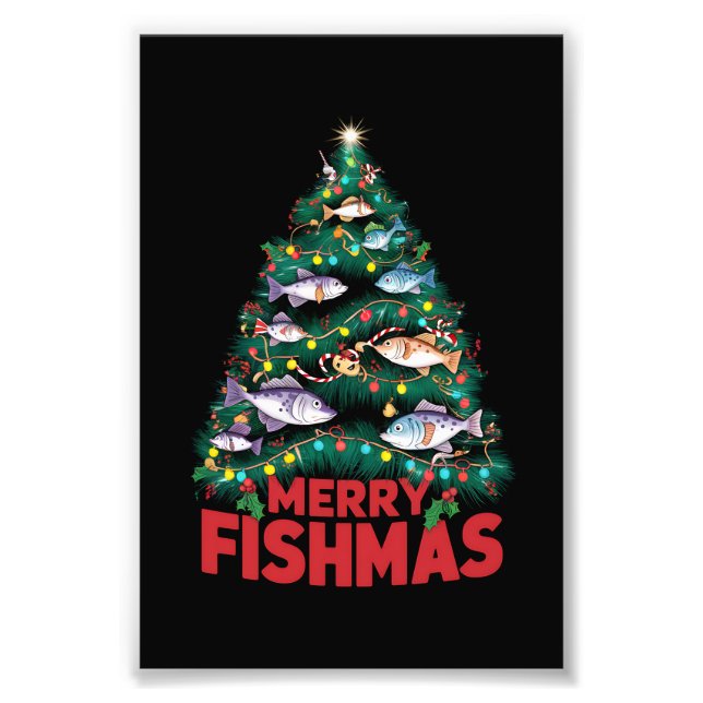 Merry Fishmas Julgran Ljus Fish Fishing Fototryck (Framsidan)