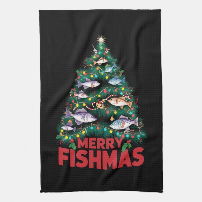 Merry Fishmas Julgran Ljus Fish Fishing Kökshandduk (Vertikal)