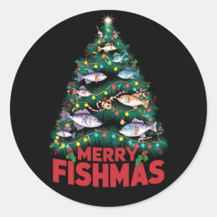 Merry Fishmas Julgran Ljus Fish Fishing Runt Klistermärke