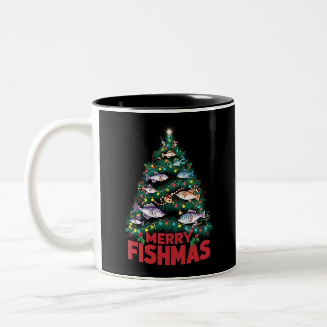 Merry Fishmas Julgran Ljus Fish Fishing Två-Tonad Mugg (Vänster)