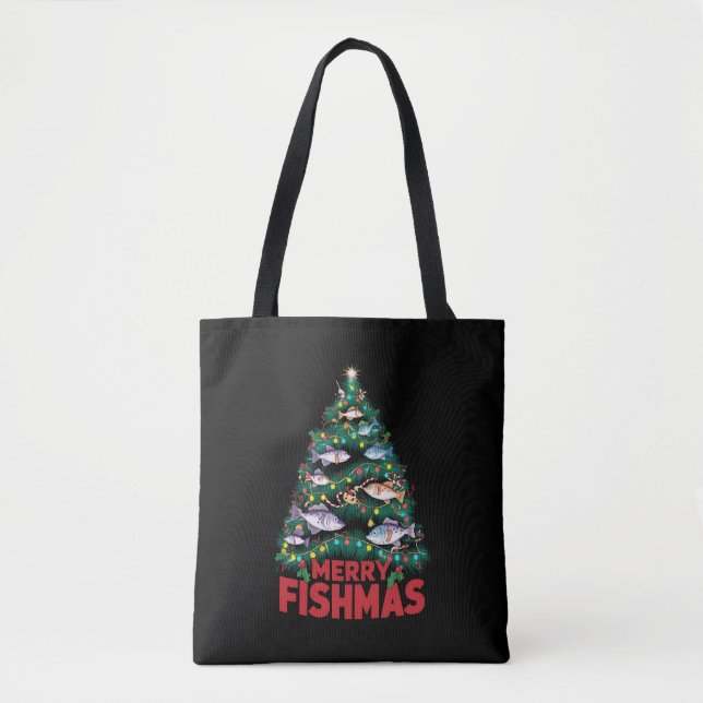 Merry Fishmas Julgran Ljus Fish Fishing Tygkasse (Framsida)