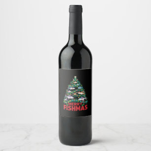 Merry Fishmas Julgran Ljus Fish Fishing Vinflaska Etikett