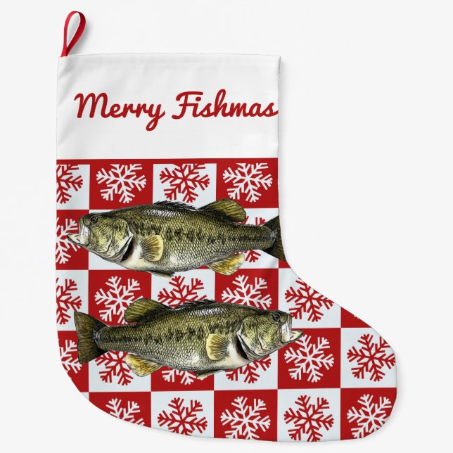 Merry Fishmas Largemouth Bass Fishing Snowflake Stor Julstrumpa (Framsidan)
