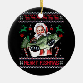 Merry Fishmas Santa Fishing Ugly jul Sweater Julgransprydnad Keramik