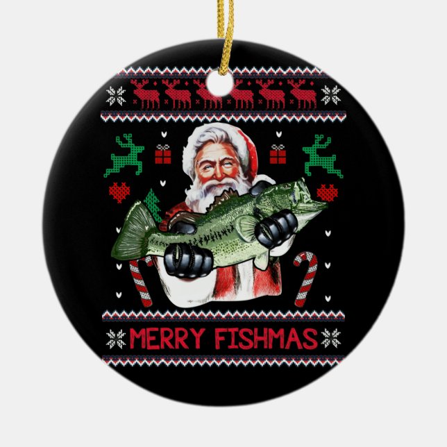 Merry Fishmas Santa Fishing Ugly jul Sweater Julgransprydnad Keramik (Framsidan)
