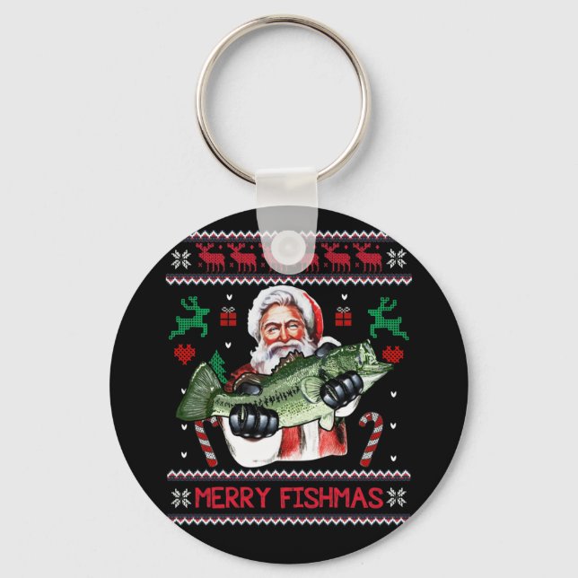Merry Fishmas Santa Fishing Ugly jul Sweater Nyckelring (Framsida)