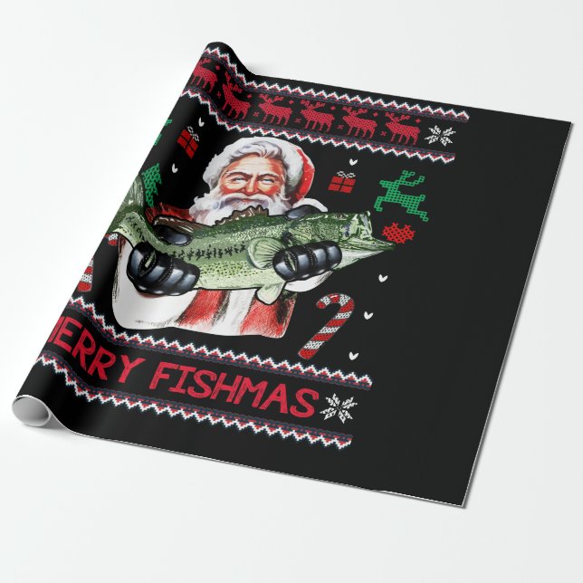Merry Fishmas Santa Fishing Ugly jul Sweater Presentpapper (Utrullad)