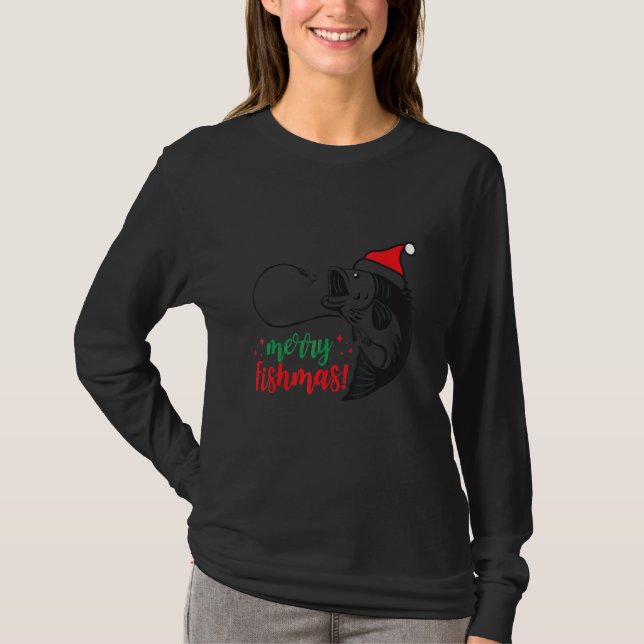 Merry Fishmas Santa Hat Fishing Fisherman Xmas T Shirt (Framsida)