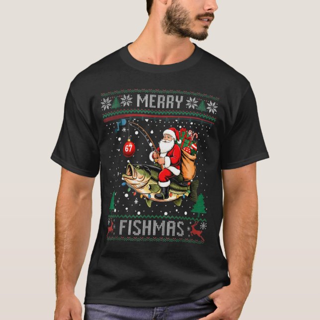 Merry Fishmas Santa Riding B Fish Christmas Ugly S T Shirt (Framsida)