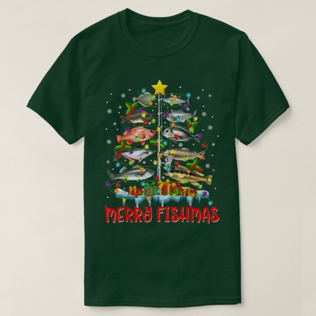 Merry Fishmas Träd Den finnyj julen Ljus Fiskfis T Shirt (Design framsida)