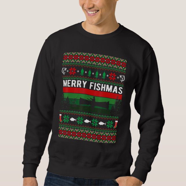 Merry Fishmas Ugly Christmas Style Xmas Fishing Lång Ärmad Tröja (Framsida)