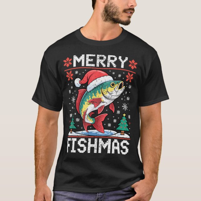 Merry Fishmas Ugly Christmas Sweater Fishing Lover T Shirt (Framsida)