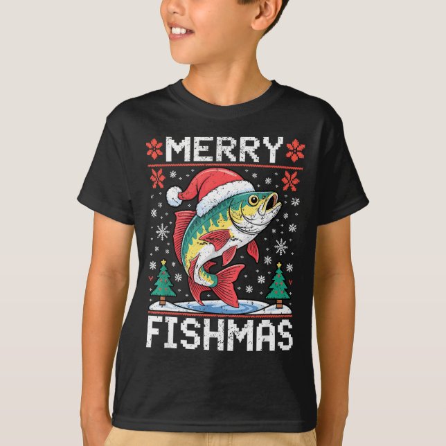 Merry Fishmas Ugly Christmas Sweater Fishing Lover T Shirt (Framsida)