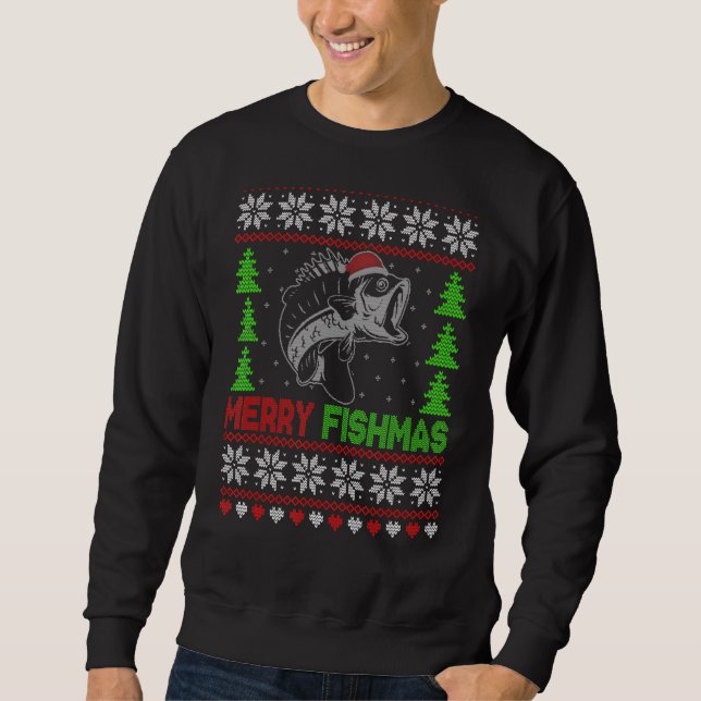 Merry Fishmas Ugly jul Sweater Funny Angler Lång Ärmad Tröja (Framsida)
