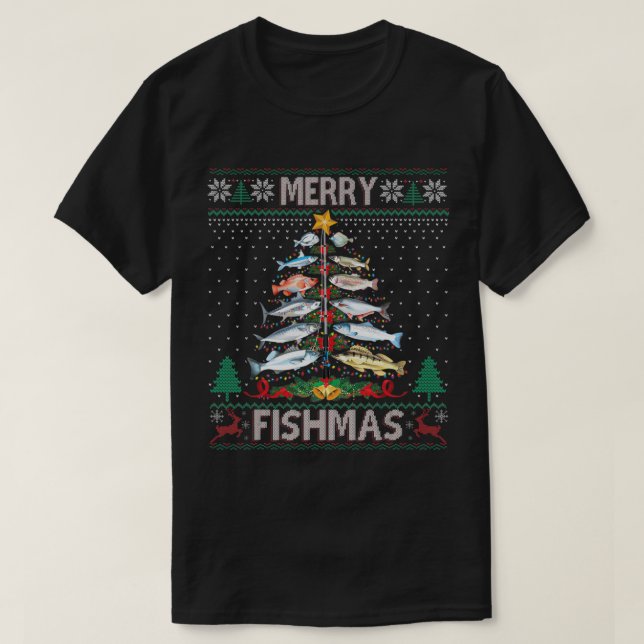Merry Fishmas Ugly Sweater Fish Fishing Rod Jesus T Shirt (Design framsida)