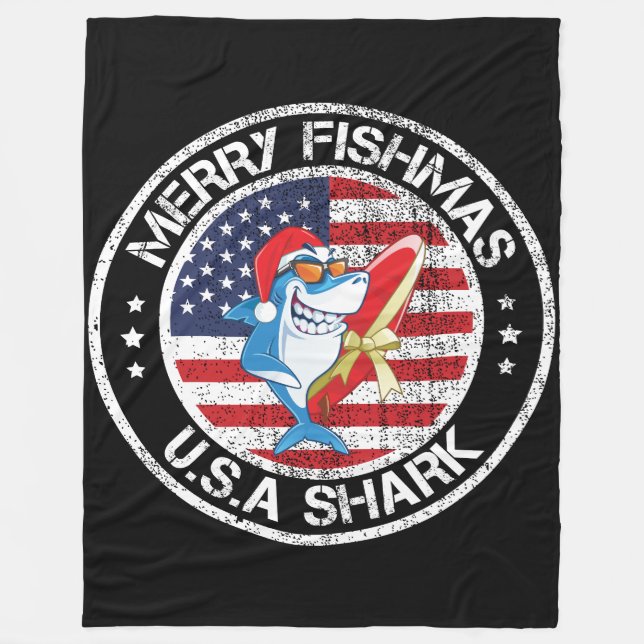 Merry Fishmas USA flagga Underbar White Shark Fleecefilt (Framsidan)