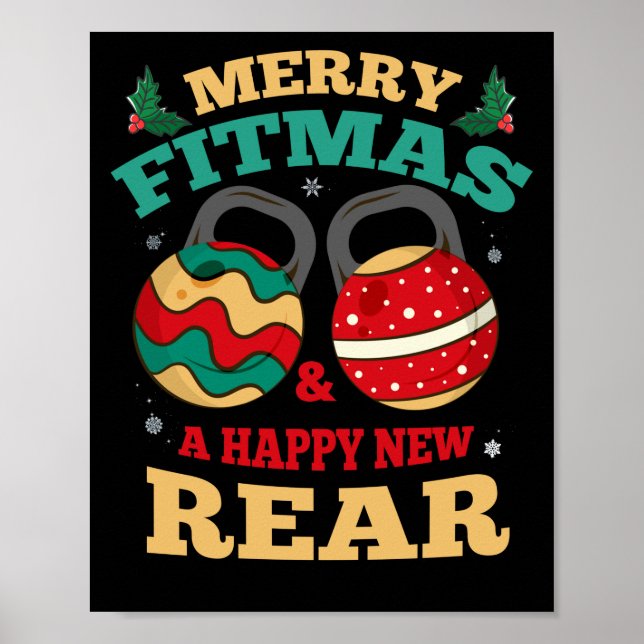 Merry Fitmas och en Lycklig New Rear Gym Fitness Poster (Framsidan)