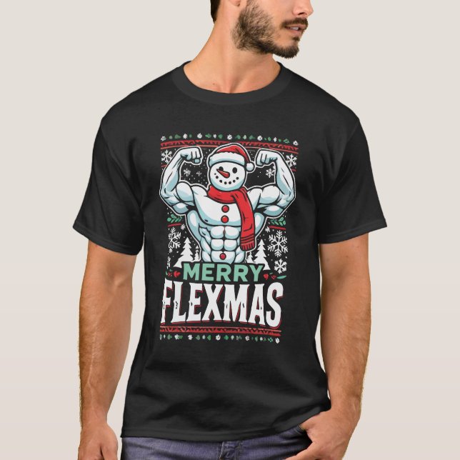 Merry Flexmas - Snögubbe Flexing julgym T Shirt (Framsida)