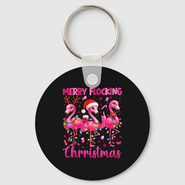 Merry Flocking Christmas Flamingo Drink Pjs Xmas M Nyckelring (Framsida)