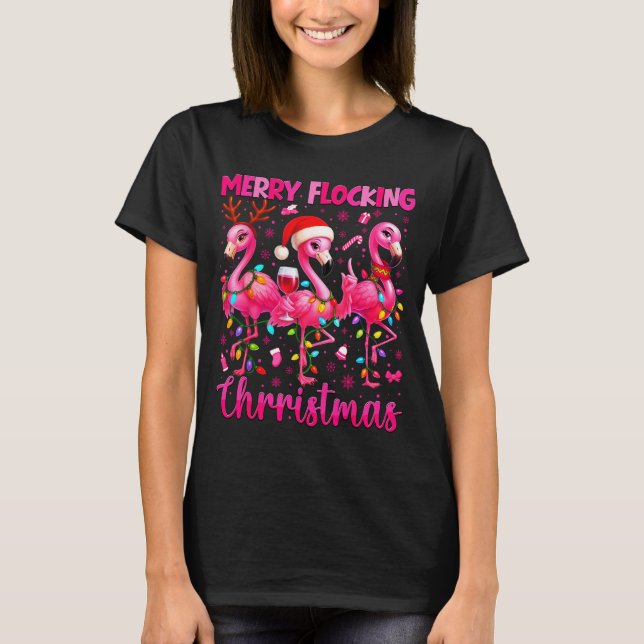 Merry Flocking Christmas Flamingo Drink Pjs Xmas M T Shirt (Framsida)