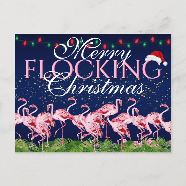 Merry Flocking jul Rosa Flamingo Helg Vykort (Framsida)
