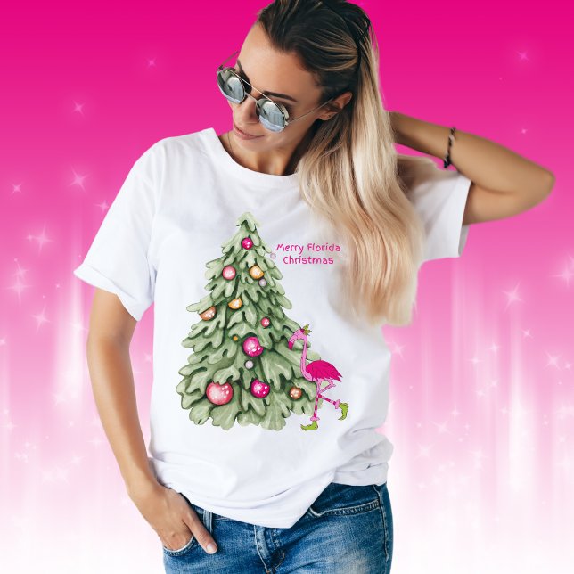 Merry Florida jul Rosa Flamingo Pastel Träd T Shirt (Skapare uppladdad)