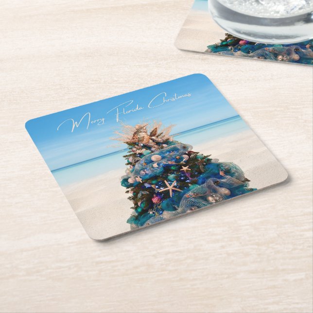 Merry Florida jul Tropical Beach Holiday Tree Underlägg Papper Kvadrat (Vinklad)