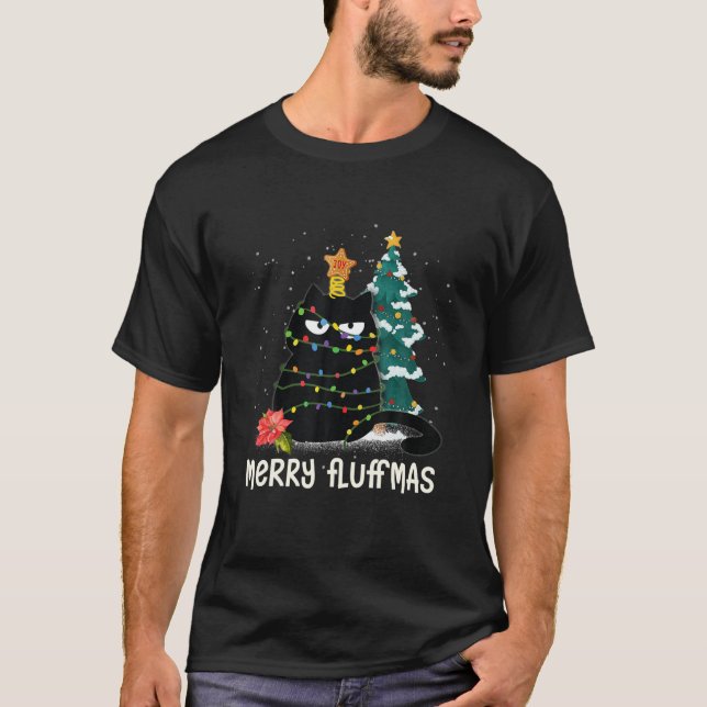 Merry Fluffmas Funny Black Cat Julafton Meowy Catm T Shirt (Framsida)