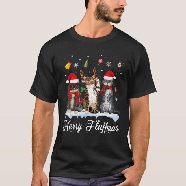 Merry Fluffmas Three Cats julklapp Lover T Shirt (Framsida)