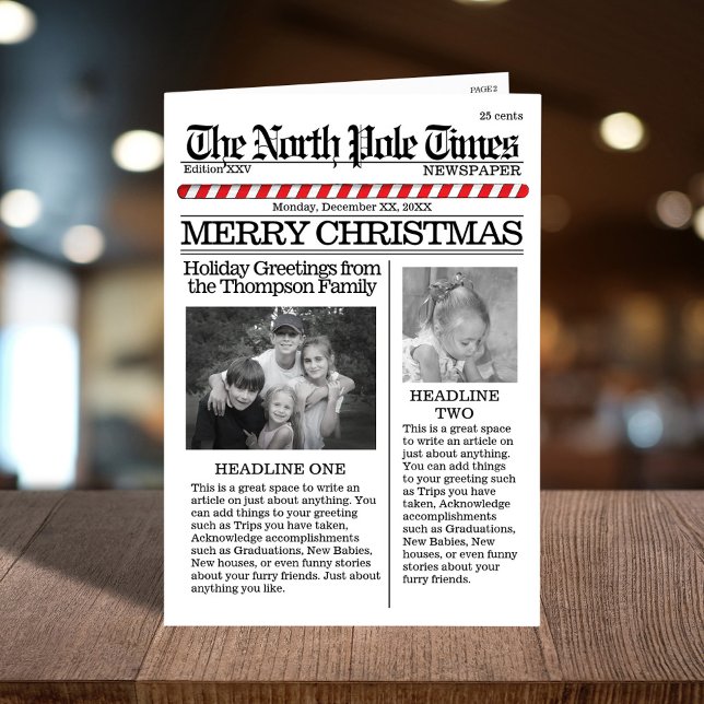 Merry för multifoto Santa News-julklapp Helgkort (Merry Christmas holiday photo folding card with a cute newspaper template. )