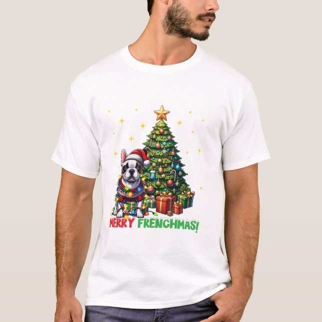 Merry Frenchmas French Bulldog T Shirt (Framsida)