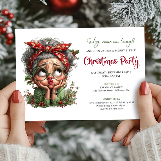 Merry Fun Mormor Tecknad Julfest Inbjudan (Merry Fun Grandma Cartoon Christmas Party Invite)