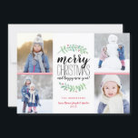 Merry Garland Helgdag 4 Photo Collage Card Julkort<br><div class="desc">Snyggt och kort för festlig Helgdag med staplad typografi med följande lydelse: "God jul och gott nytt år."  Anpassa med egna foton och egen text.
Med vår exklusiv färgade hand vattenfärgade lagrar med röda bär. Det kommer med trendiget red geo mönster på baksidan för en speciell beröring i extra.</div>
