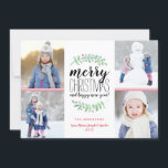 Merry Garland Helgdag 4 Photo Collage Card Julkort<br><div class="desc">Snyggt och kort för festlig Helgdag med staplad typografi med följande lydelse: "God jul och gott nytt år."  Anpassa med egna foton och egen text.
Med vår exklusiv färgade hand vattenfärgade lagrar med röda bär. Det kommer med trendiget red geo mönster på baksidan för en speciell beröring i extra.</div>