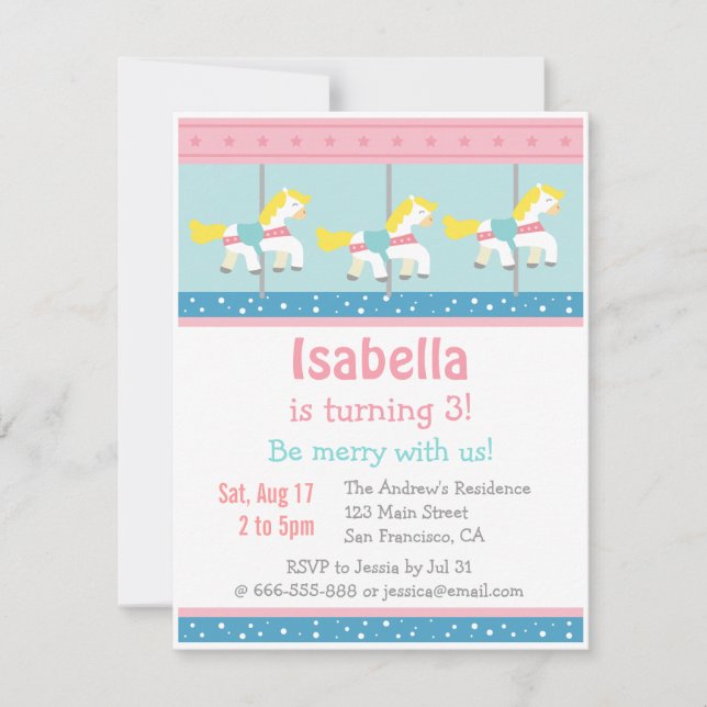 Merry Go Round, Carousel Födelsedagsfest inbjudan (Framsida)