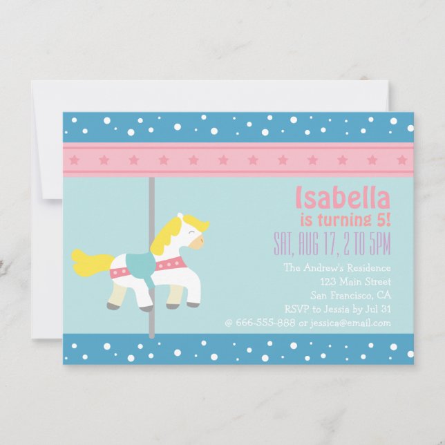 Merry Go Round, Girl Carousel Födelsedagsfest Inbjudningar (Framsida)