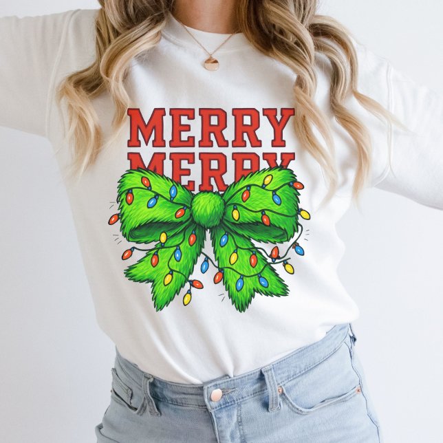Merry God jul Ljus Grönt Bow Helgdag T Shirt (Merry Merry Christmas Sweatshirt Green Bow with Christmas lights. Festive Gift for her, mom)