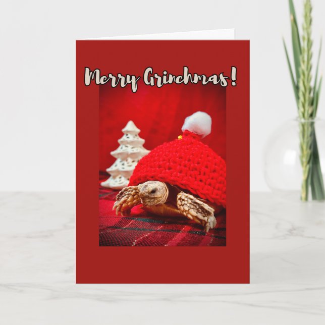 Merry Grinchmas baby sulcata tortoise in a red hat Kort (Framsida)