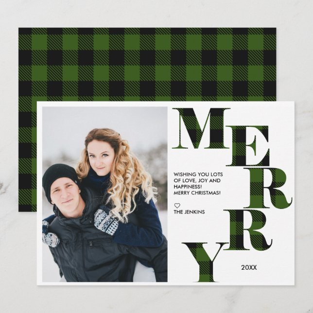 Merry | Grönt Buffalo Play Photo Helgdag Inbjudningar (Fram/baksida)