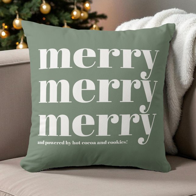 Merry Grönt White Typography Roligt Retro-jul Kudde (Merry Green White Typography Fun Retro Christmas Throw Pillow)