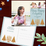 Merry Guld Blue 3 Photo Collage Helgdag Vykort<br><div class="desc">En 3-helgdag-vykortsmall för fotokollage som du kan anpassa för elegant guld och blått interreligiöst Merry Lycklig All-semesterhälsningar. Framsidan av dessa chic faux guld och de blå vykorten i pastellform har moderna Julgranar och guld Menorah tillsammans med två små och en stor fotomall som gör det enkelt för dig att lägga...</div>