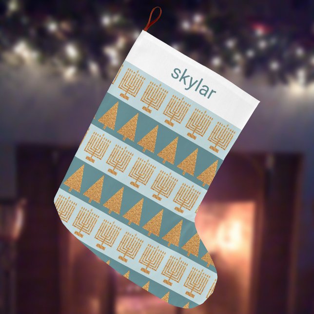 Merry Guld Blue Helgdag Rand Mönster Stor Julstrumpa (Skapare uppladdad)