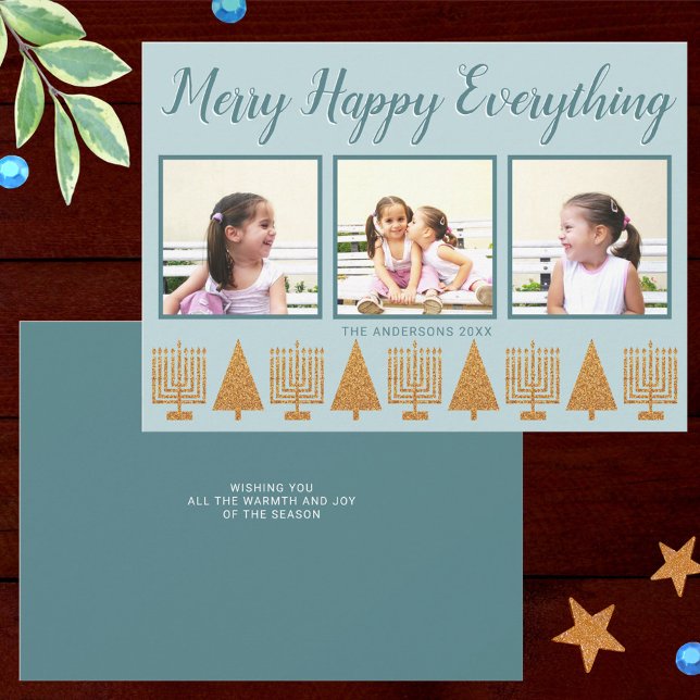 Merry Guld Blue Simple 3 Photo Collage Julkort (Faux gold trees and menorahs highlight your three photos on these custom holiday cards)