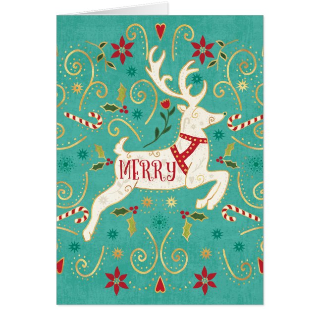Merry Helgdag Teal Reindeer Hälsningskort (Framsidan)