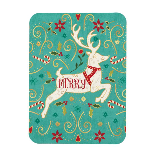 Merry Helgdag Teal Reindeer Magnet (Vertikal)